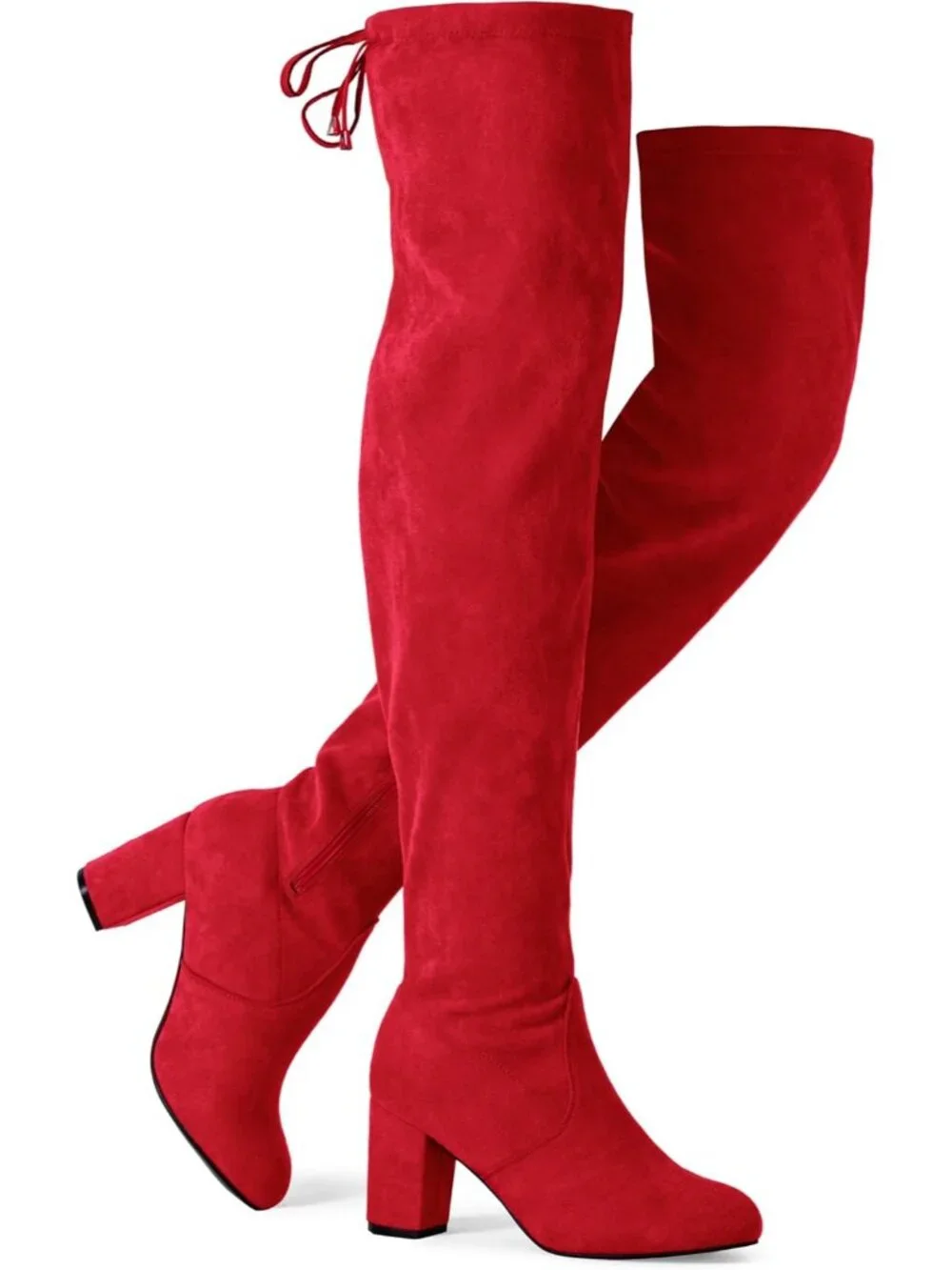 Women's Red Chunky Heel Round Toe Side Zipper Over The Knee Thigh High Boots
